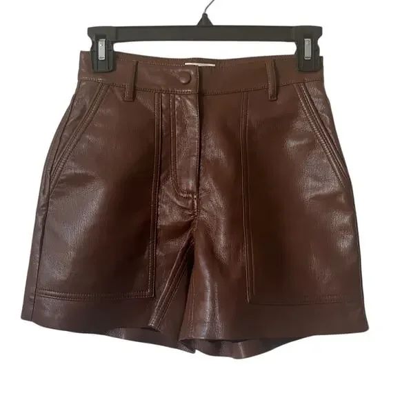 Aritzia Wilfred Nocturne High Rise Utility Vegan Leather Cognac Shorts Size 00 - Picture 2 of 6
